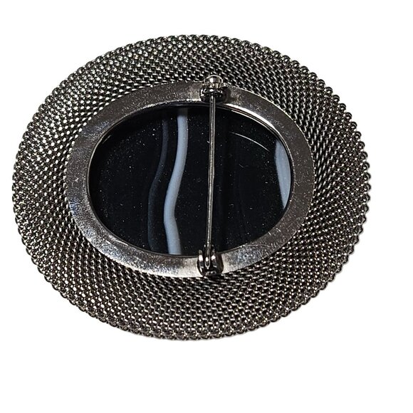 Vintage Retro Silver Tone Black Agate Oval Brooch Pin 50s 60s Fashion Jewelry - Picture 3 of 4